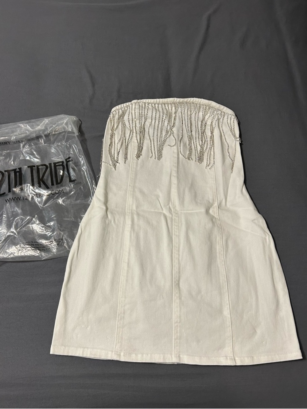 12th Tribe White Strapless Mini Dress with Beaded Fringe